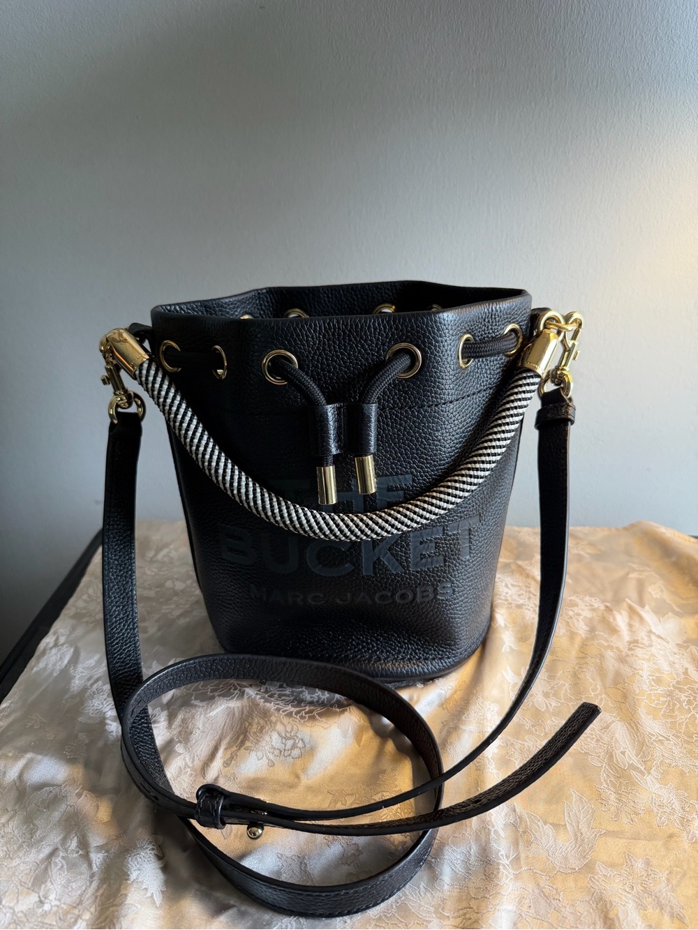 Marc Jacobs Black Pebbled Leather Bucket Bag with Gold Hardware
